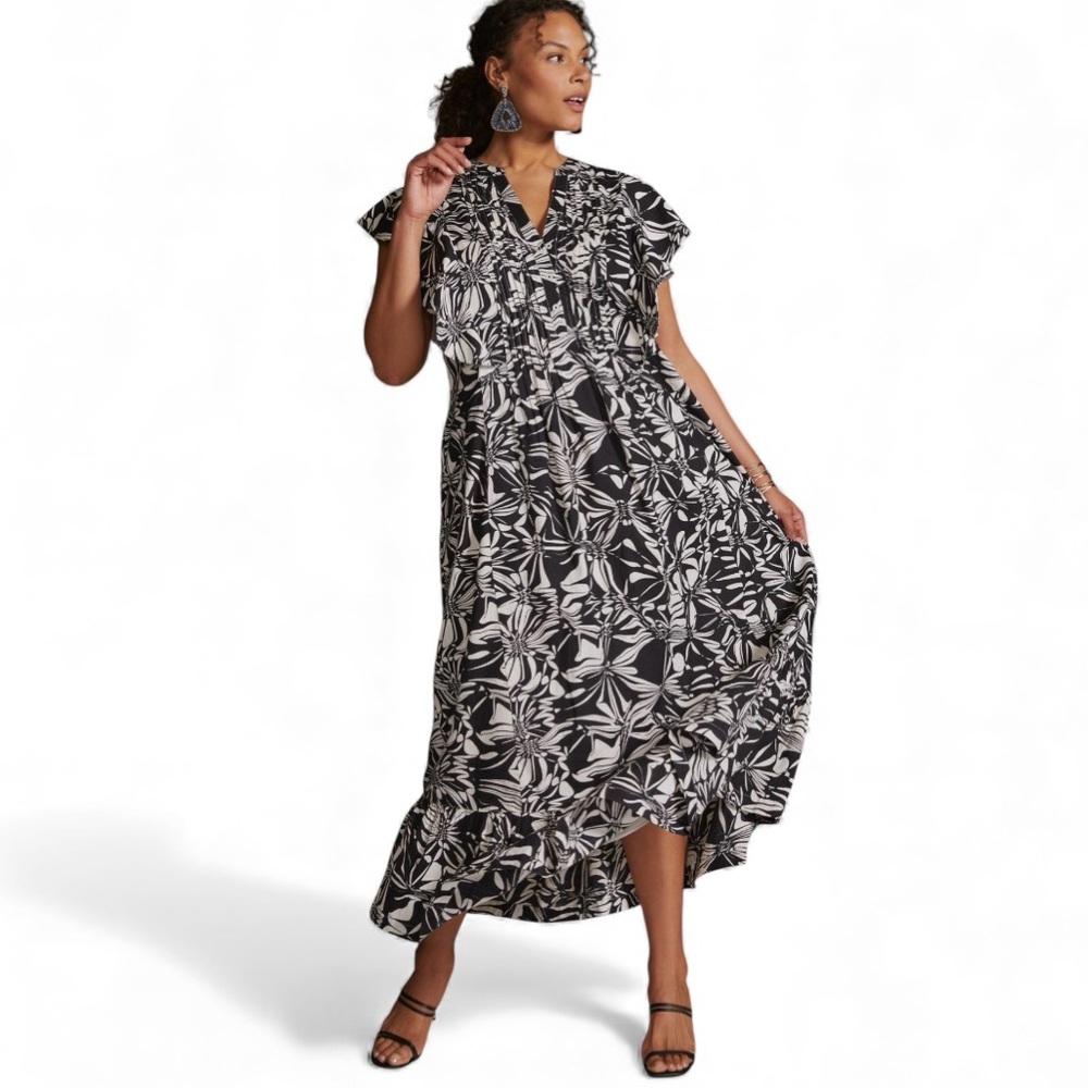 Maeve by Anthropologie Cassandra Maxi Dress Black Flutter Sleeve Pintuck Button
